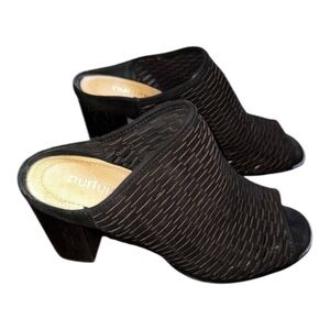 Nurture Wrenna Black Leather Cutout Peep Toe Heeled Slides Size 6